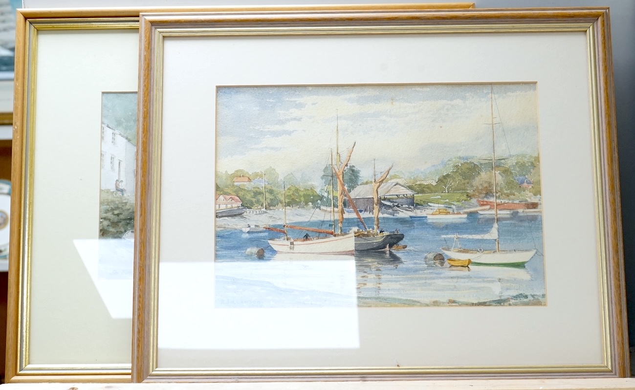 Jim Birt (20th. C), watercolour, Cornish town scene with beached fishing boats, together with R J N Lawson, a similar watercolour dated 1948, 19 x 27cm